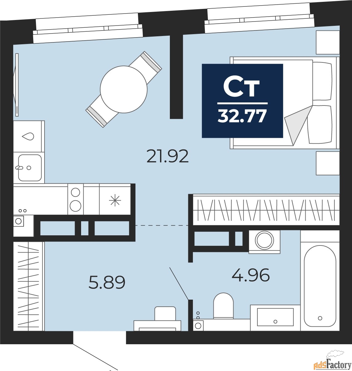 1 - комн. квартира, 32.77 м², 5/22 эт.