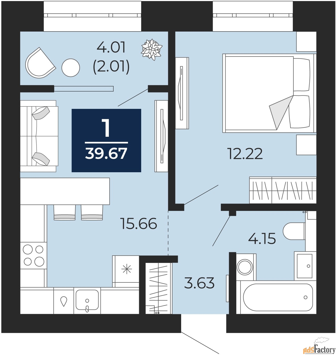1 - комн. квартира, 37.67 м², 8/12 эт.
