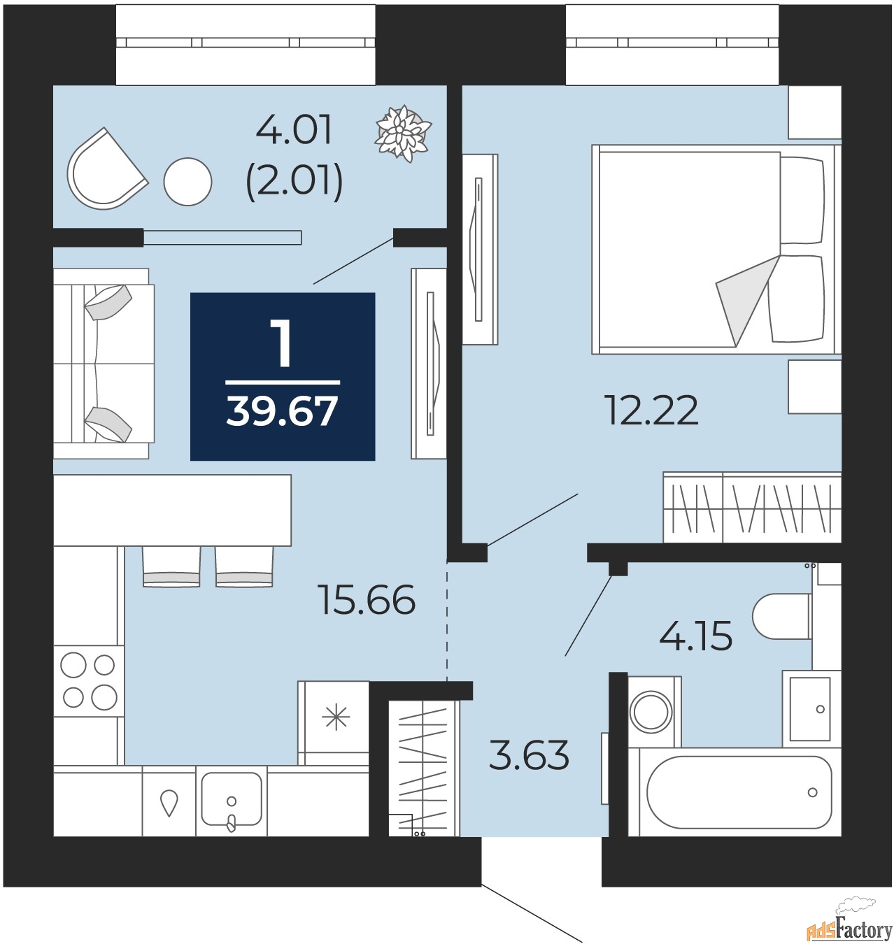 1 - комн. квартира, 37.67 м², 2/12 эт.