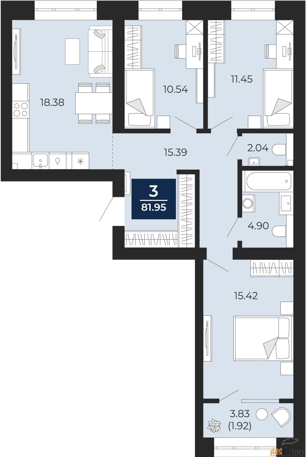 3 - комн. квартира, 80.04 м², 7/10 эт.