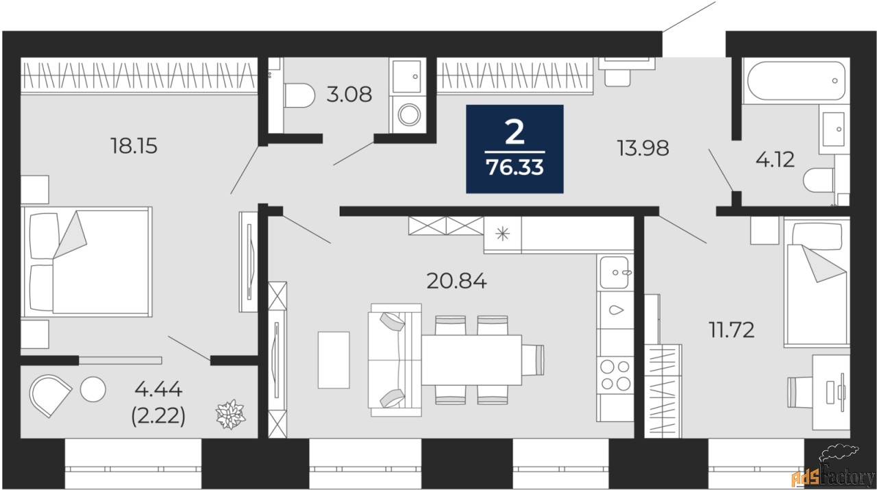 2 - комн. квартира, 74.11 м², 2/10 эт.