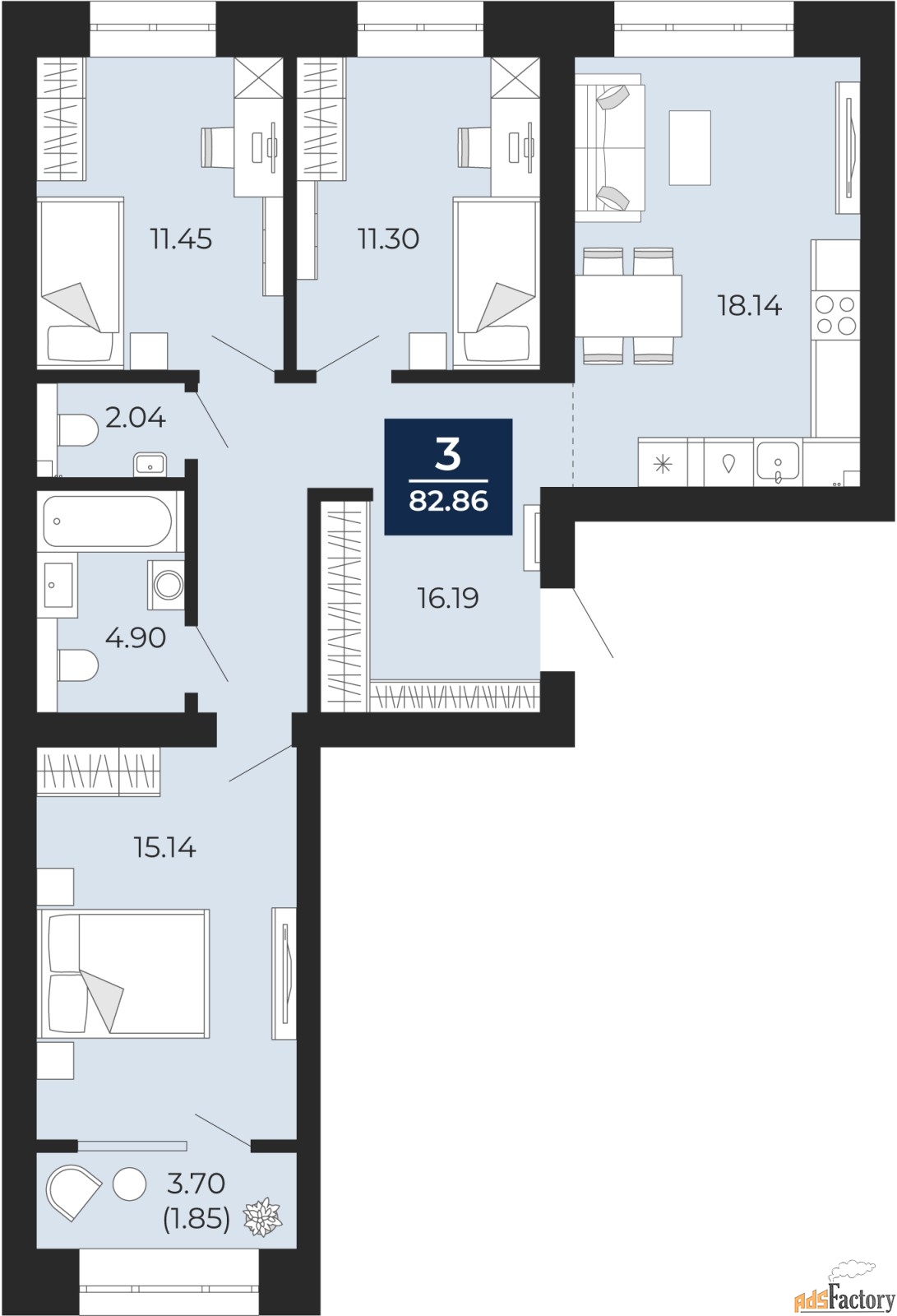 3 - комн. квартира, 81.01 м², 2/10 эт.