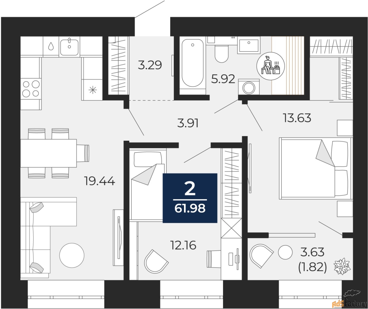 2 - комн. квартира, 60.17 м², 4/12 эт.