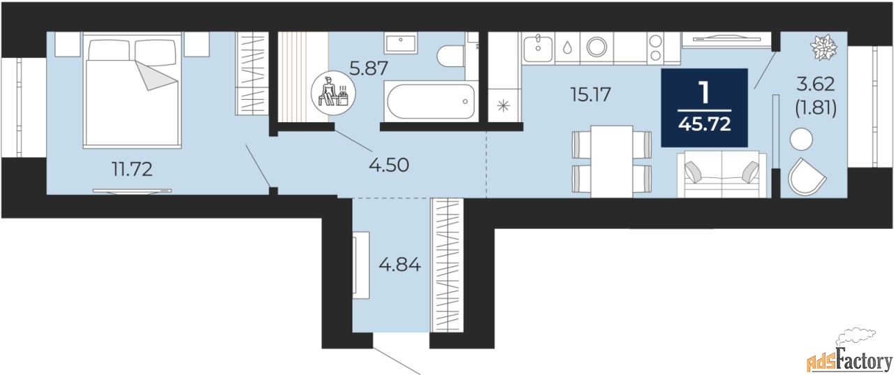 1 - комн. квартира, 43.91 м², 4/12 эт.