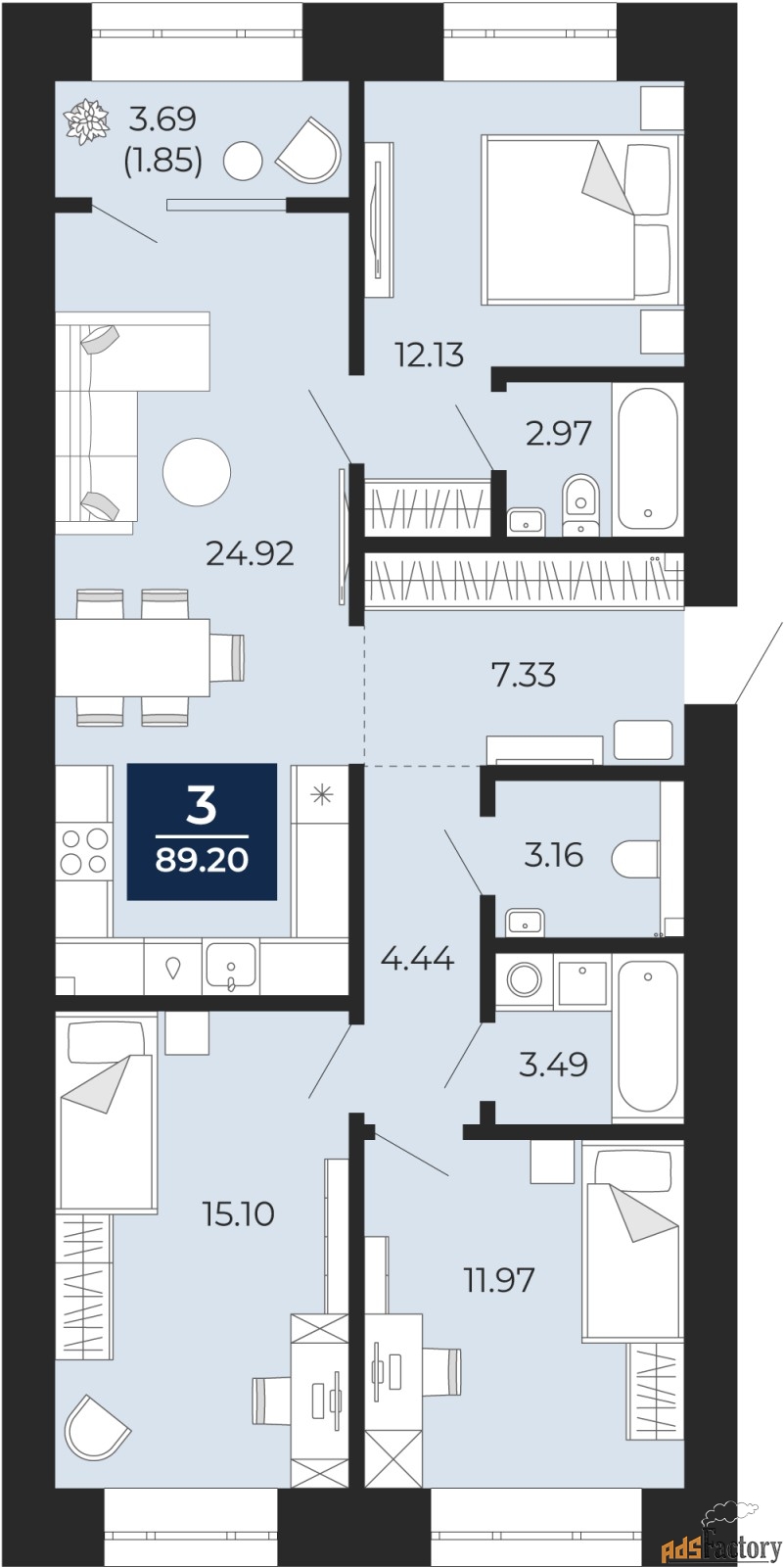 3 - комн. квартира, 87.36 м², 2/12 эт.