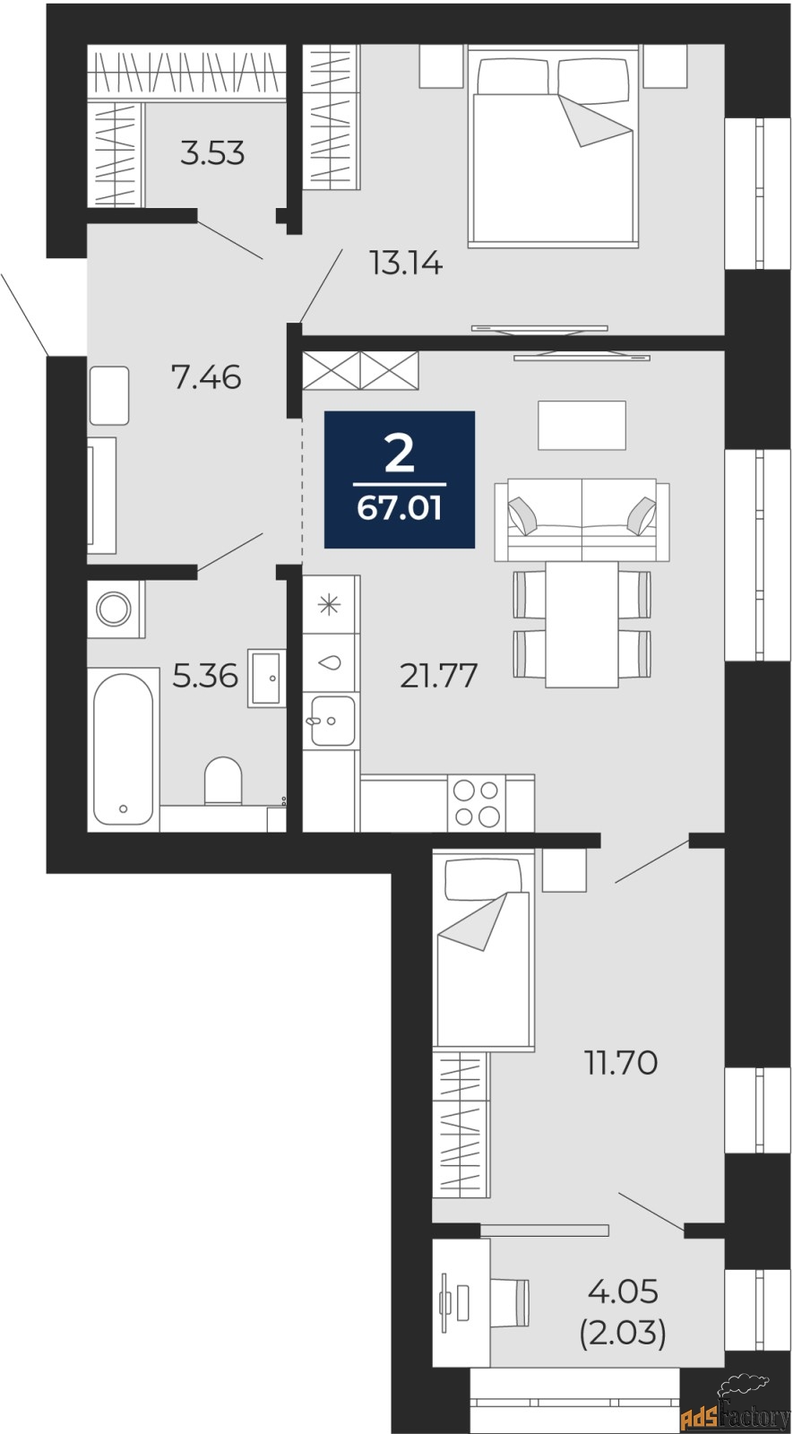 2 - комн. квартира, 64.99 м², 9/12 эт.