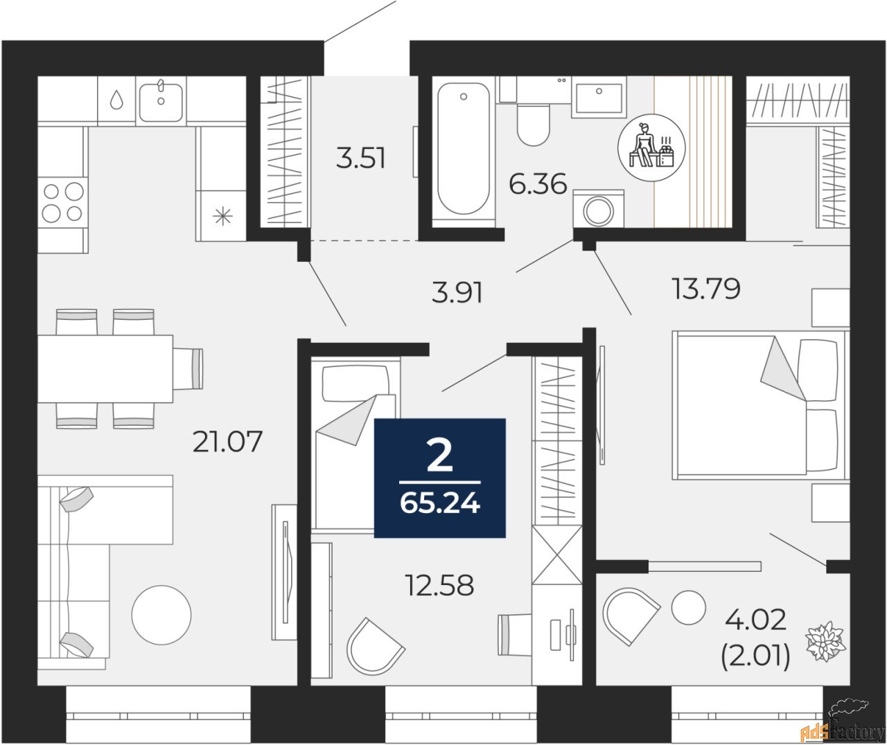 2 - комн. квартира, 63.23 м², 9/12 эт.