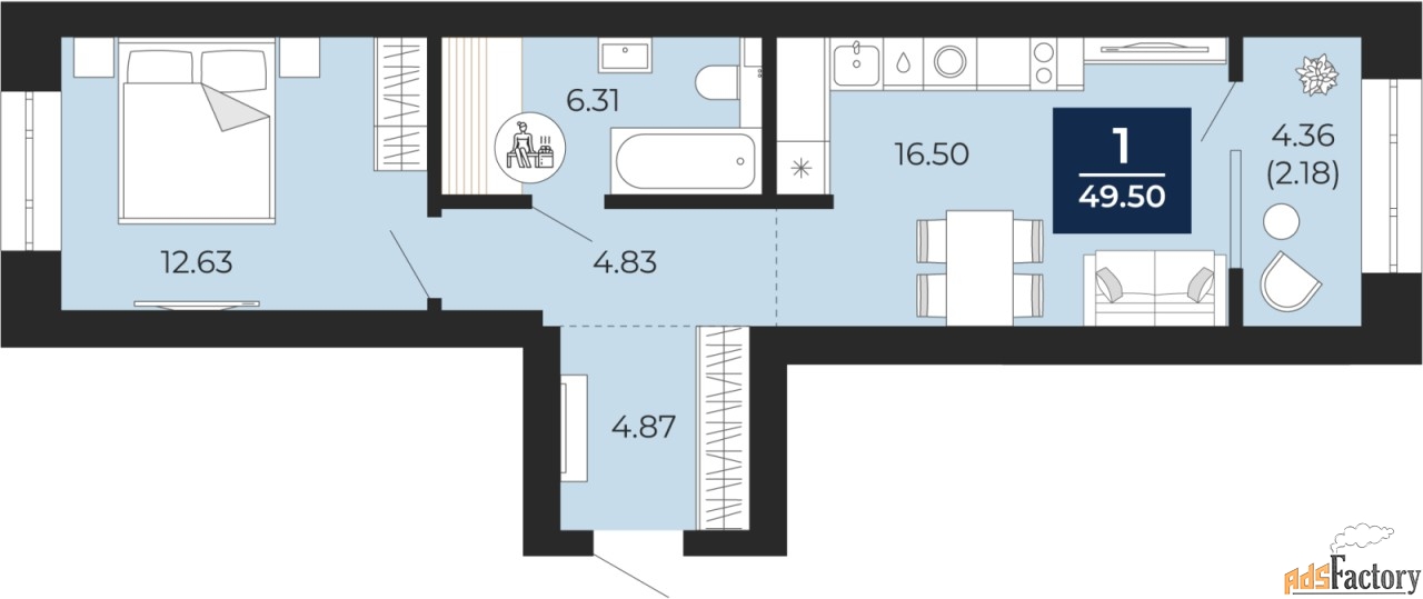 1 - комн. квартира, 47.32 м², 6/12 эт.