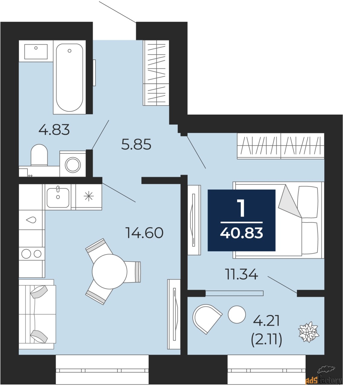 1 - комн. квартира, 38.73 м², 12/12 эт.