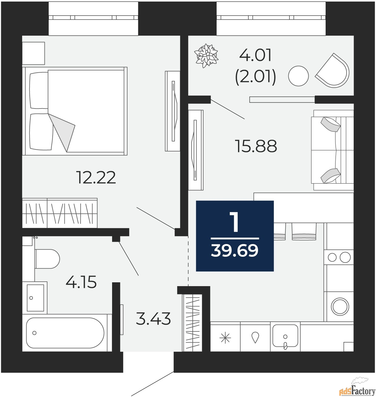 1 - комн. квартира, 37.69 м², 8/10 эт.