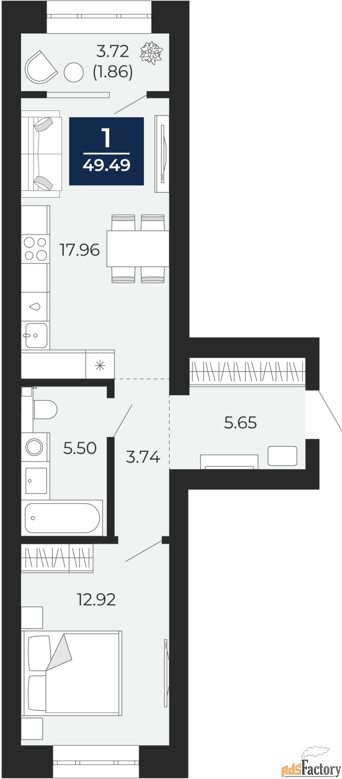 1 - комн. квартира, 47.63 м², 2/12 эт.