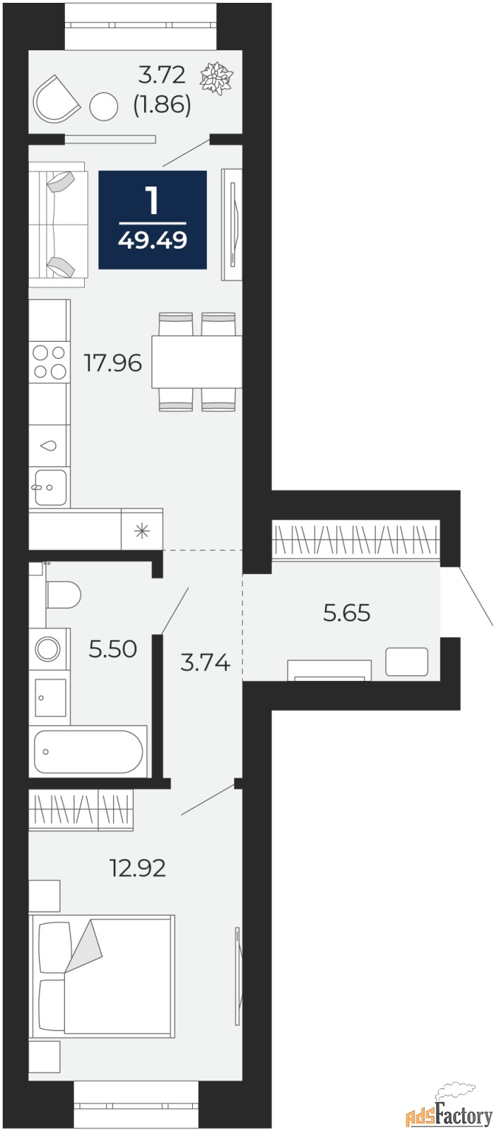 1 - комн. квартира, 47.63 м², 8/12 эт.