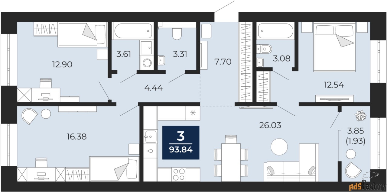 3 - комн. квартира, 91.92 м², 6/8 эт.