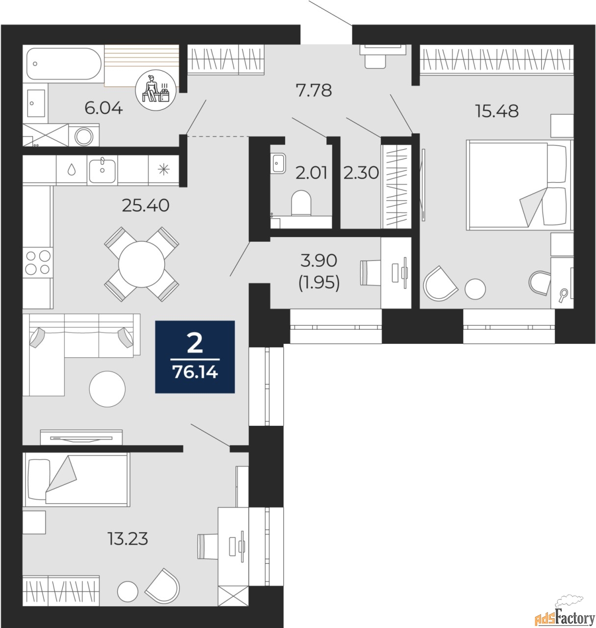 2 - комн. квартира, 74.19 м², 3/8 эт.