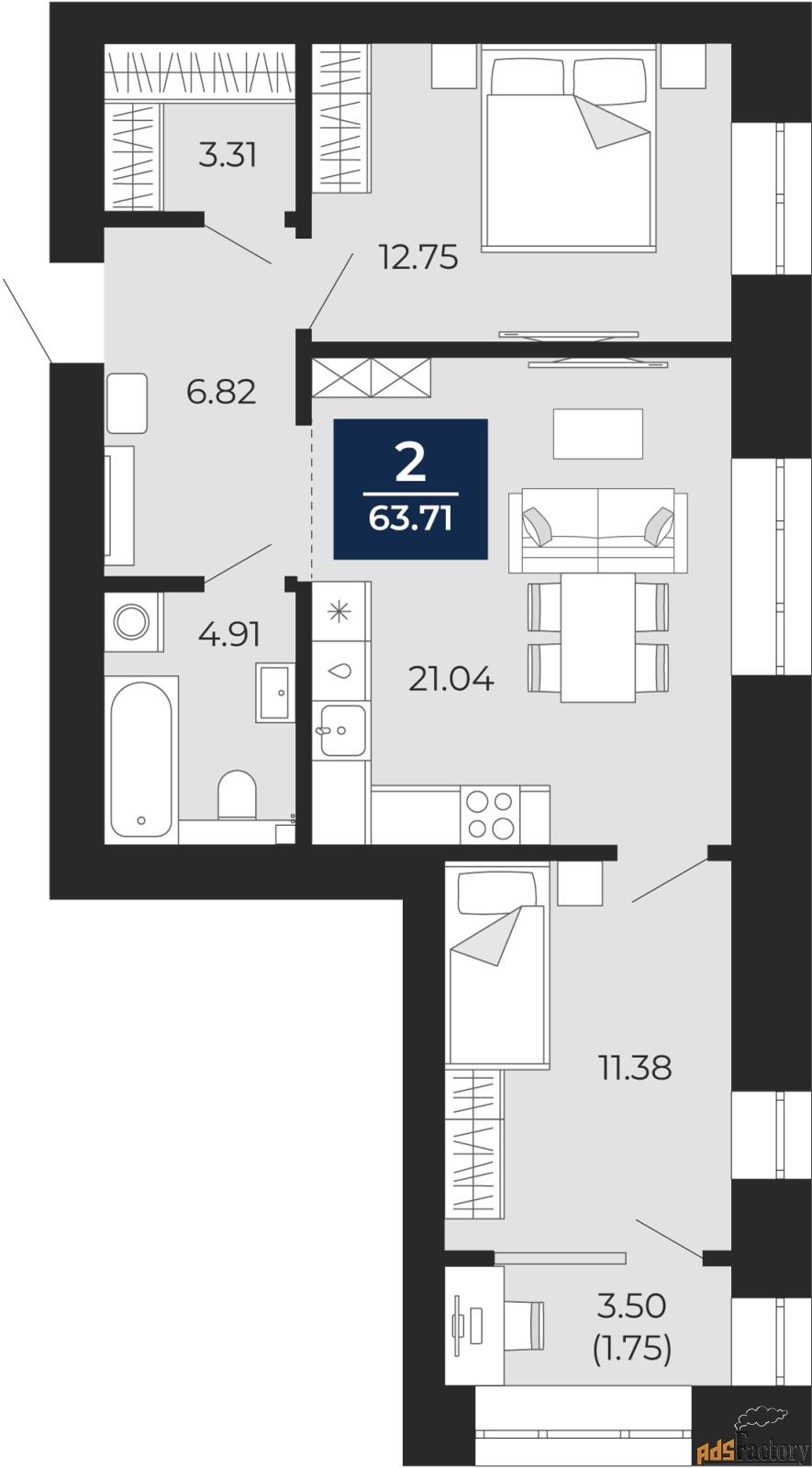 2 - комн. квартира, 61.96 м², 4/12 эт.