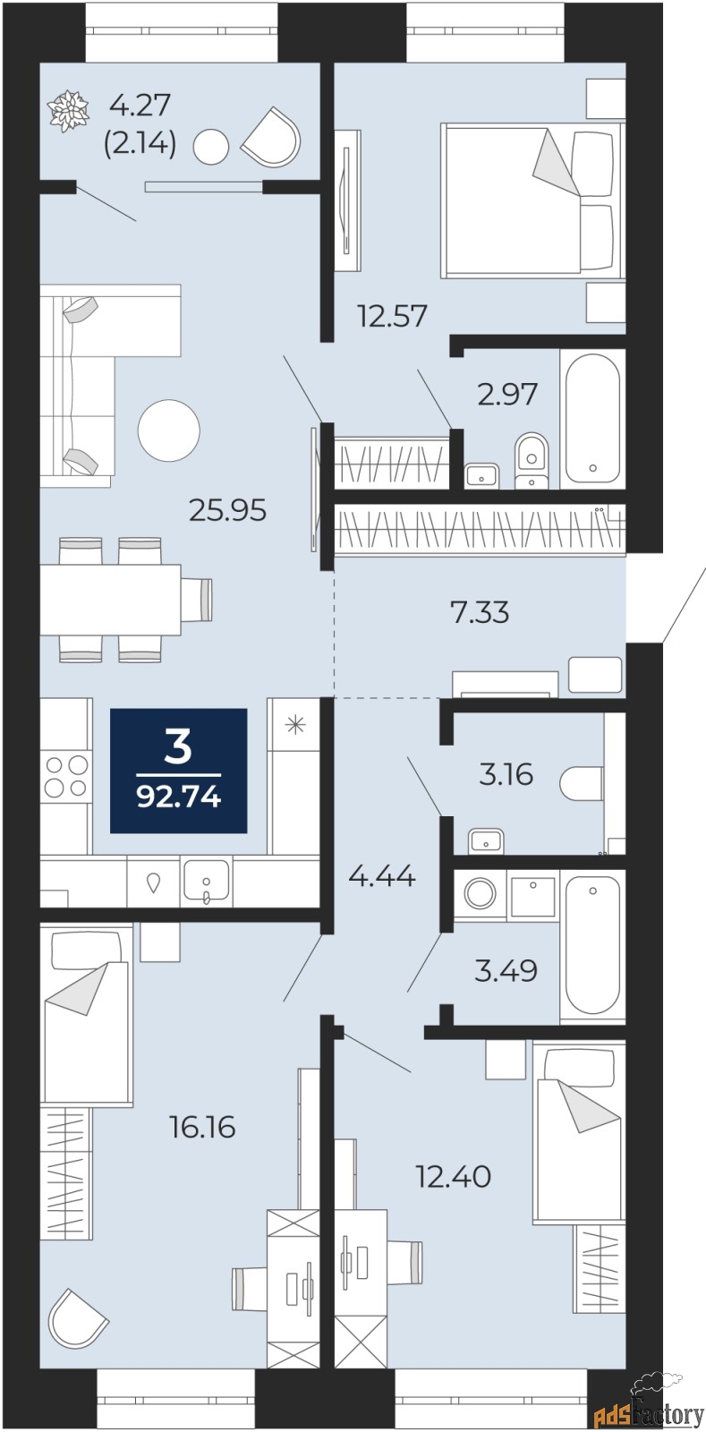 3 - комн. квартира, 90.61 м², 5/12 эт.