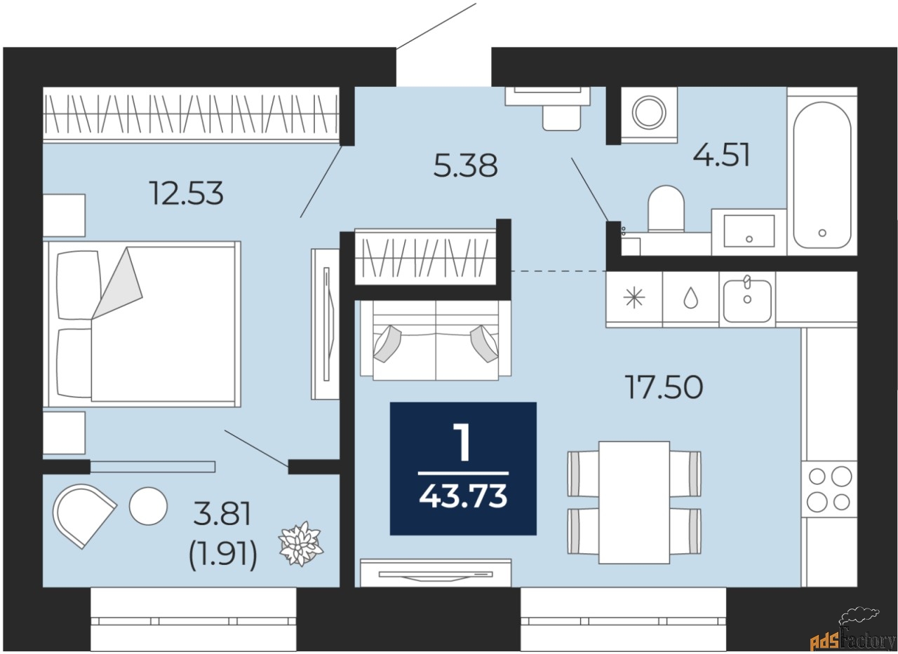 1 - комн. квартира, 41.83 м², 10/10 эт.