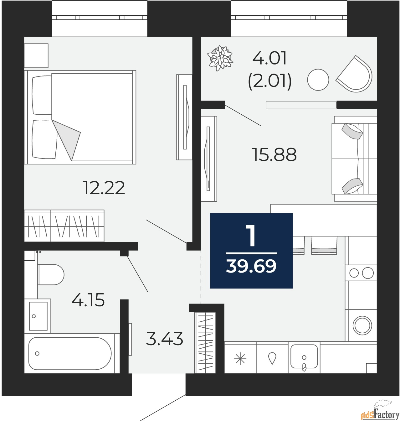 1 - комн. квартира, 37.69 м², 10/10 эт.
