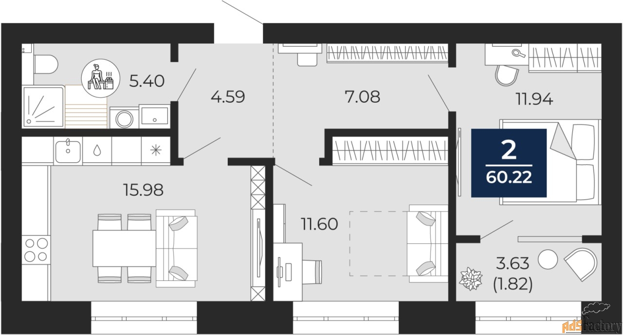 2 - комн. квартира, 58.41 м², 10/10 эт.