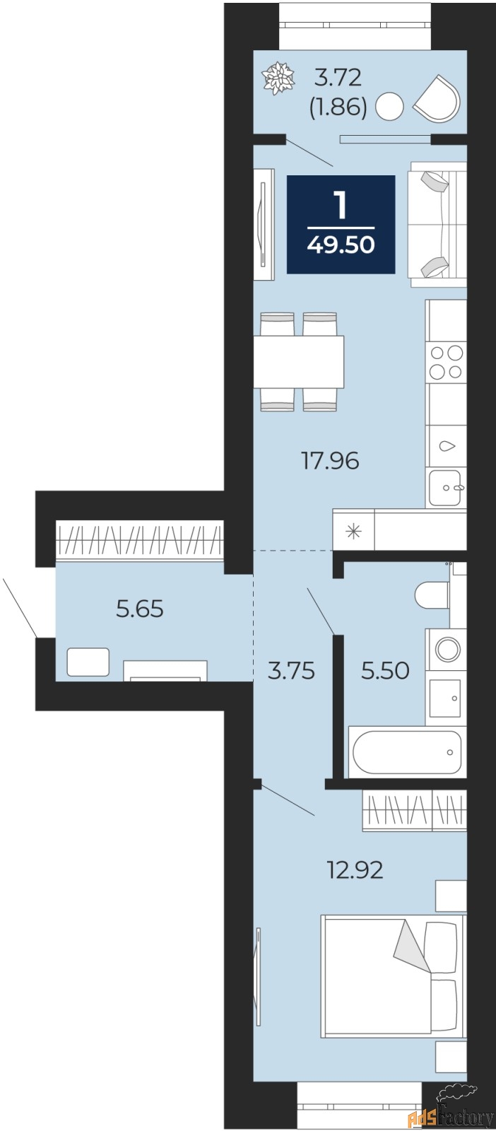 1 - комн. квартира, 47.64 м², 8/10 эт.