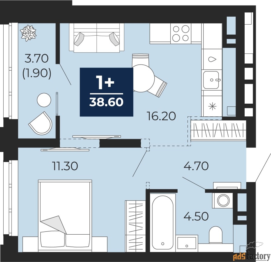 1 - комн. квартира, 38.6 м², 13/14 эт.