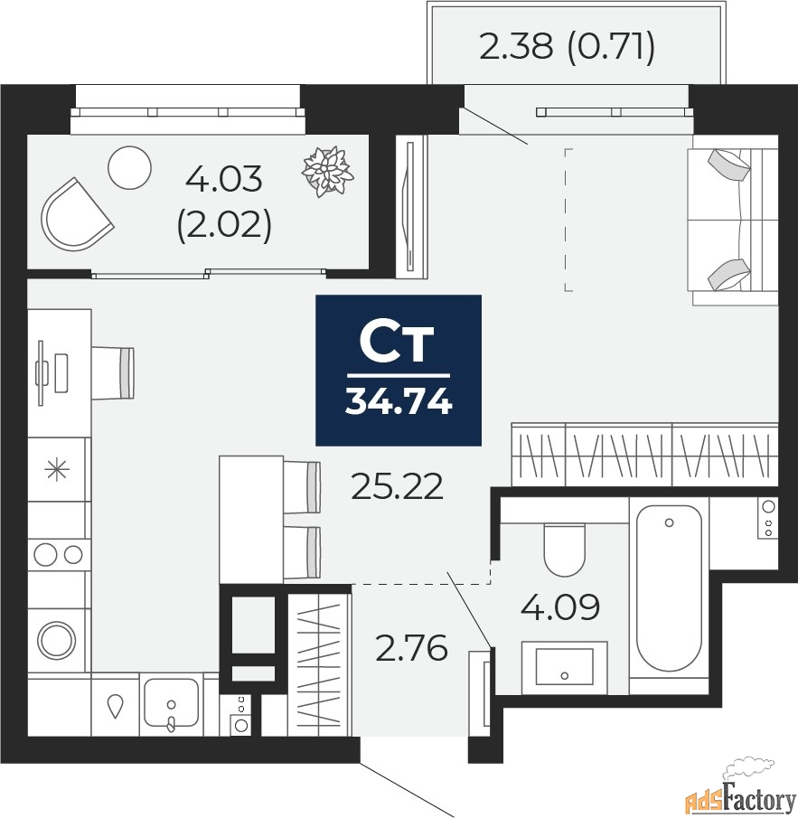 1 - комн. квартира, 34.74 м², 12/12 эт.