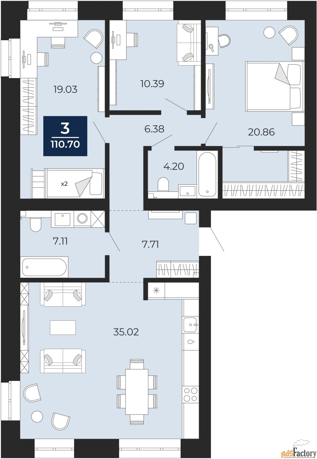 3 - комн. квартира, 110.7 м², 9/10 эт.