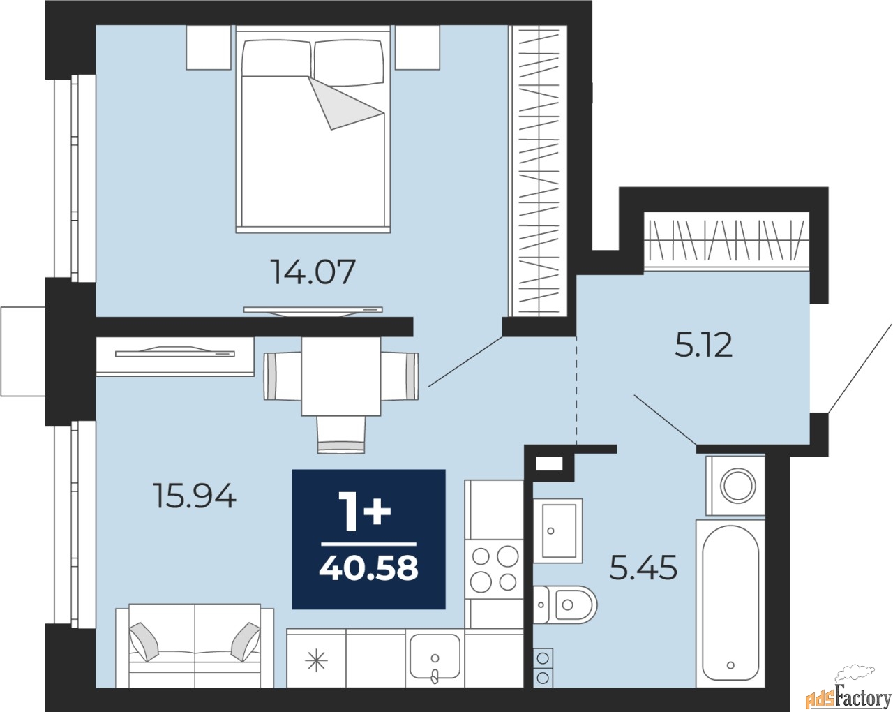 1 - комн. квартира, 40.58 м², 2/12 эт.