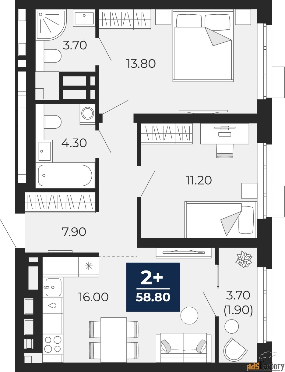 2 - комн. квартира, 58.8 м², 3/18 эт.