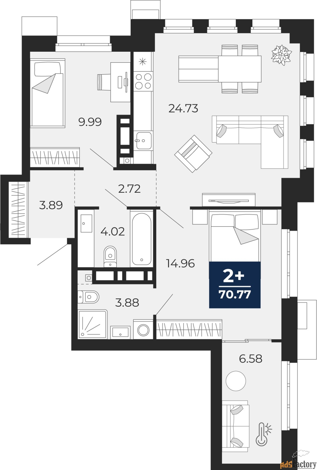 2 - комн. квартира, 70.77 м², 3/4 эт.