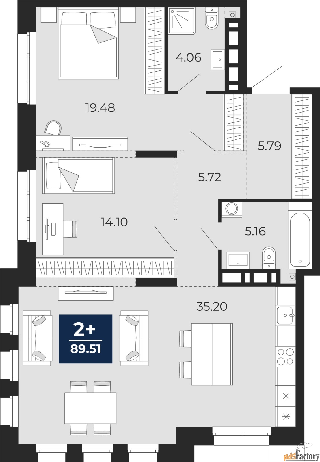 2 - комн. квартира, 89.51 м², 2/18 эт.