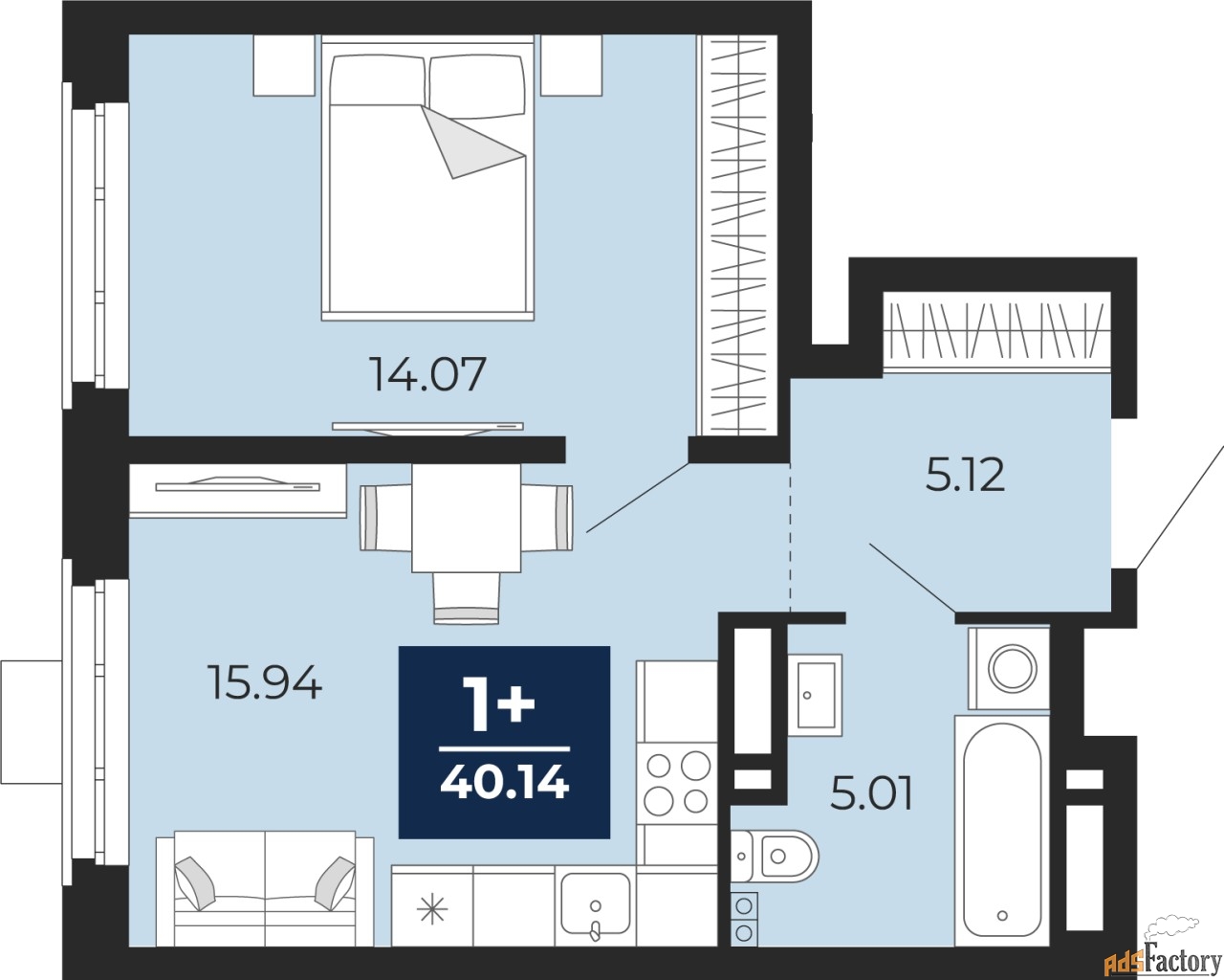 1 - комн. квартира, 40.14 м², 3/12 эт.