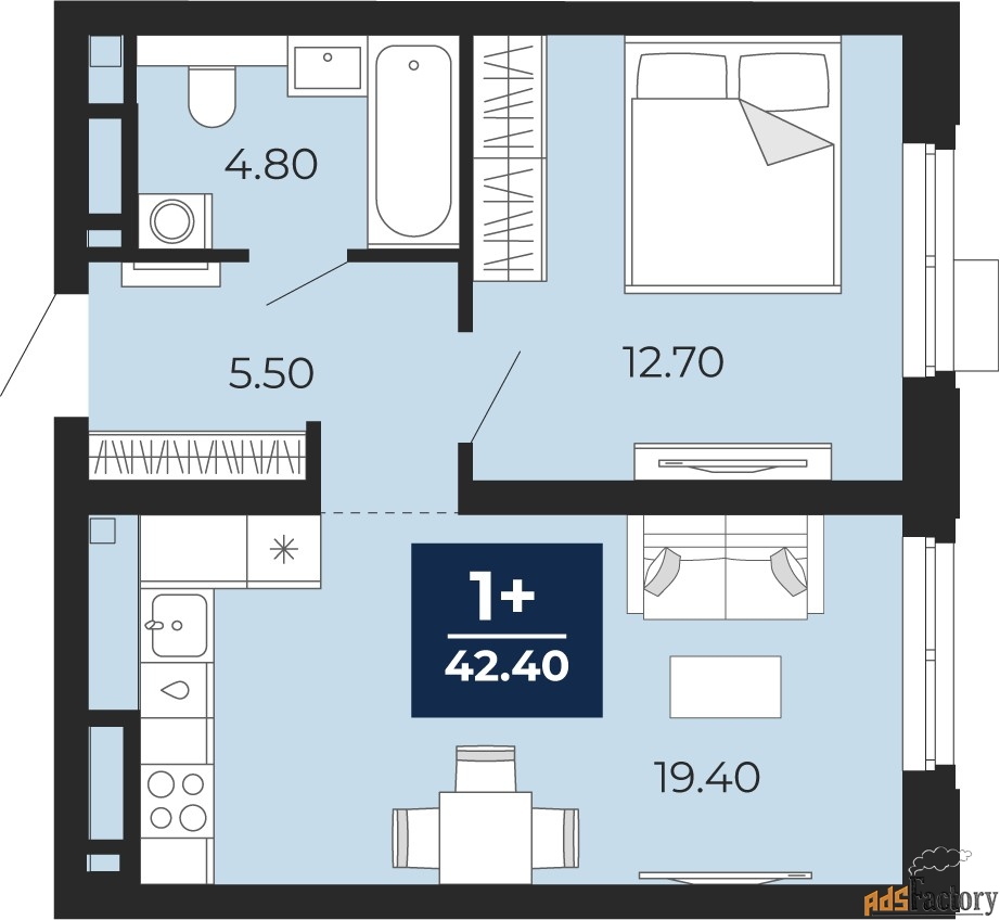 1 - комн. квартира, 42.4 м², 15/20 эт.