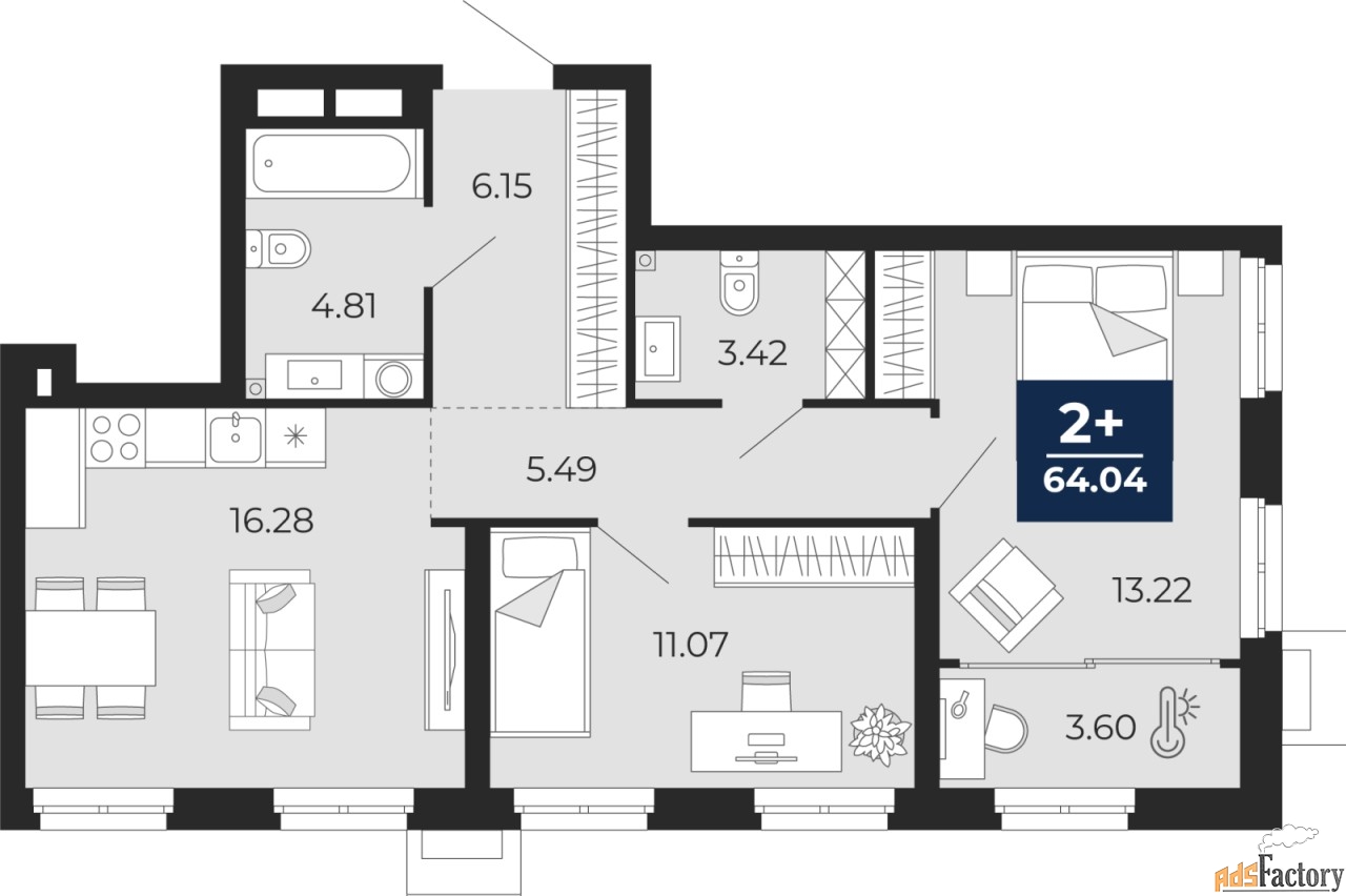 2 - комн. квартира, 64.04 м², 2/18 эт.