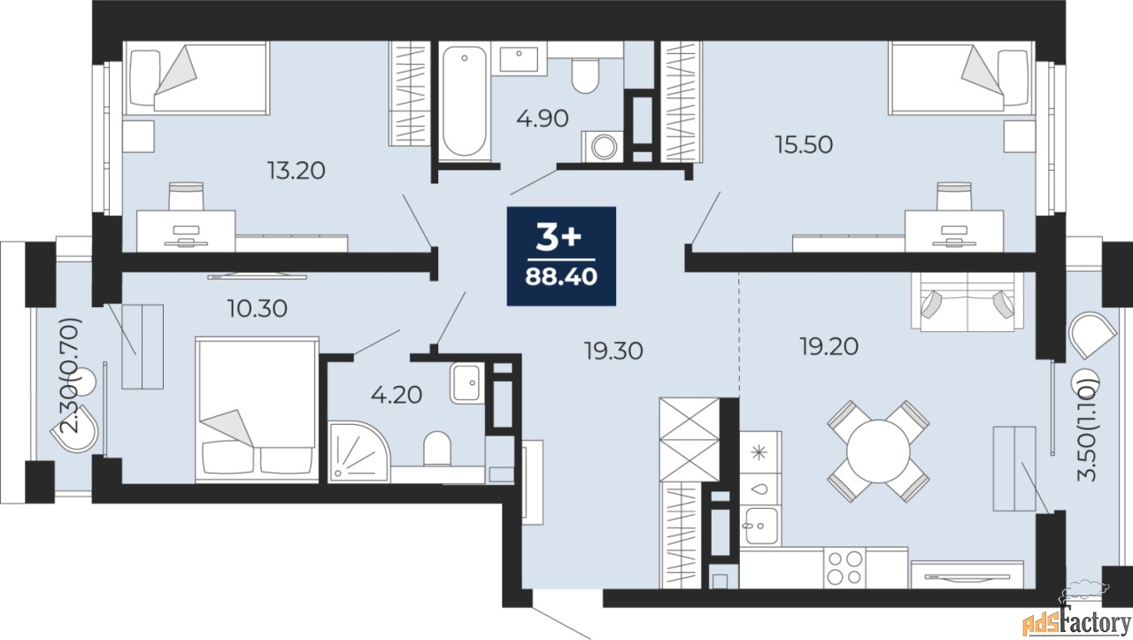 3 - комн. квартира, 88.4 м², 17/18 эт.