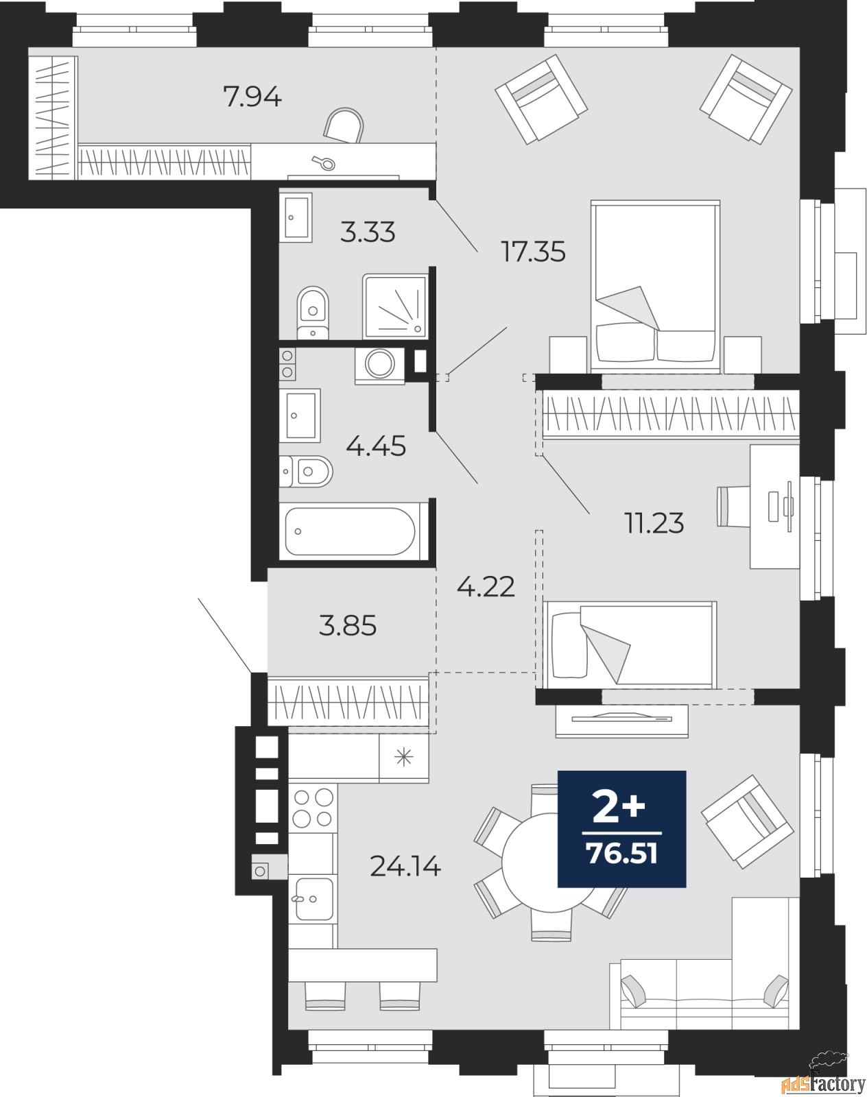 2 - комн. квартира, 76.51 м², 2/24 эт.