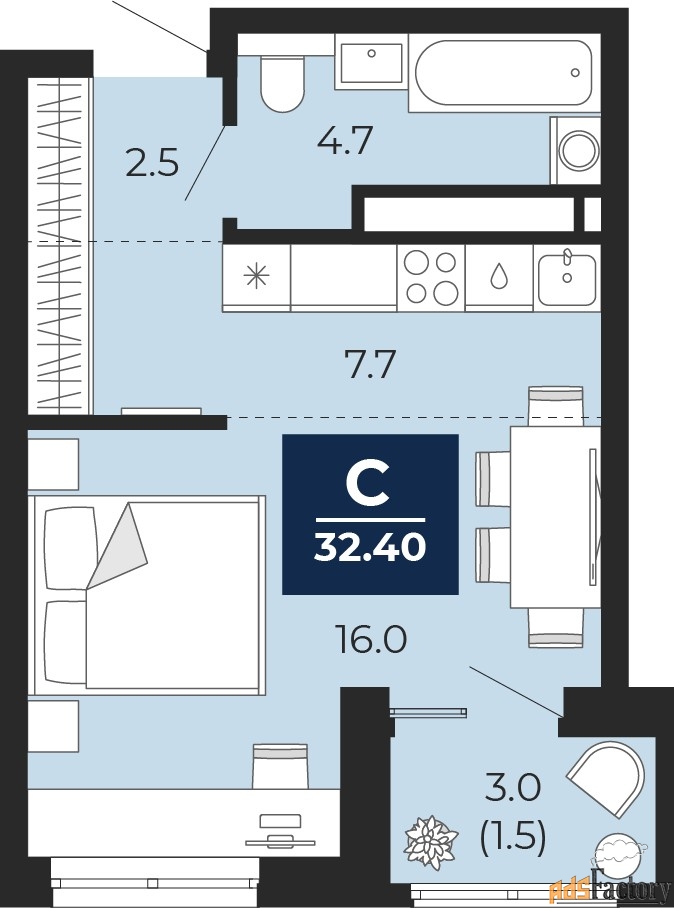 1 - комн. квартира, 32.4 м², 8/25 эт.