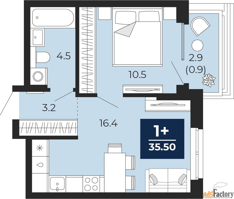 1 - комн. квартира, 35.5 м², 13/16 эт.