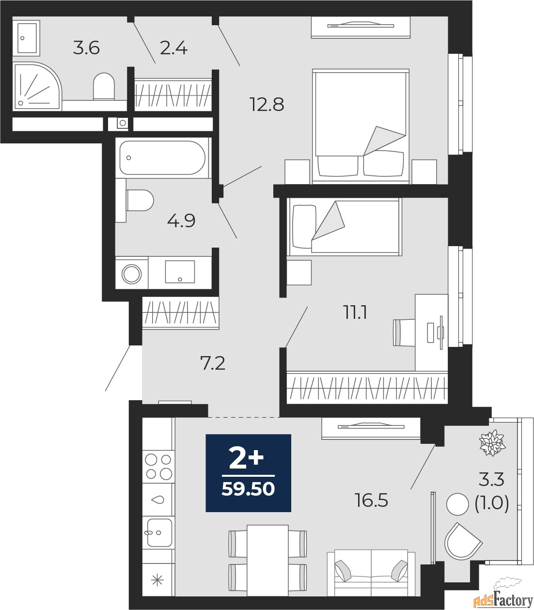 2 - комн. квартира, 59.5 м², 11/16 эт.