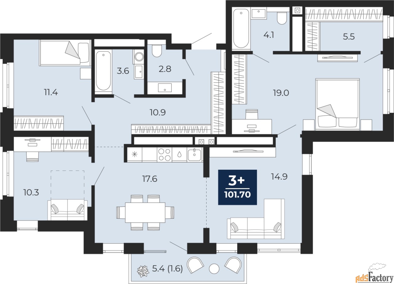 3 - комн. квартира, 101.7 м², 13/16 эт.
