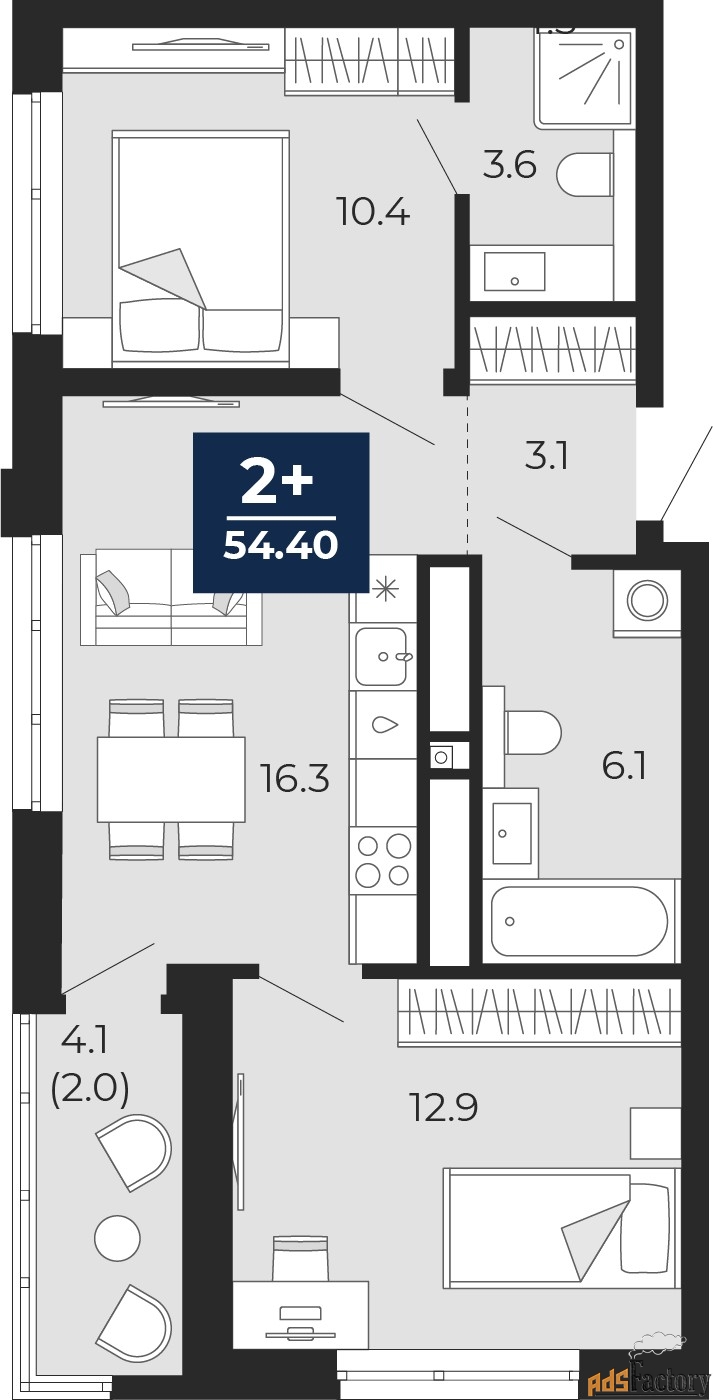 2 - комн. квартира, 54.4 м², 5/25 эт.