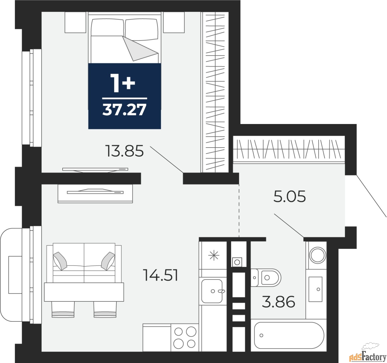 1 - комн. квартира, 37.27 м², 7/24 эт.