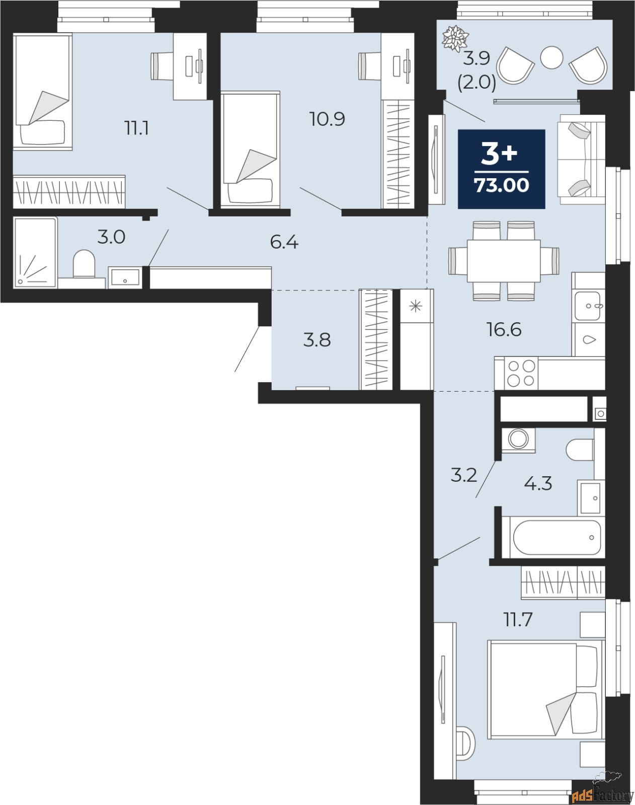 3 - комн. квартира, 73 м², 3/16 эт.