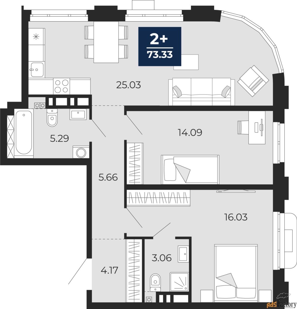 2 - комн. квартира, 73.33 м², 2/12 эт.