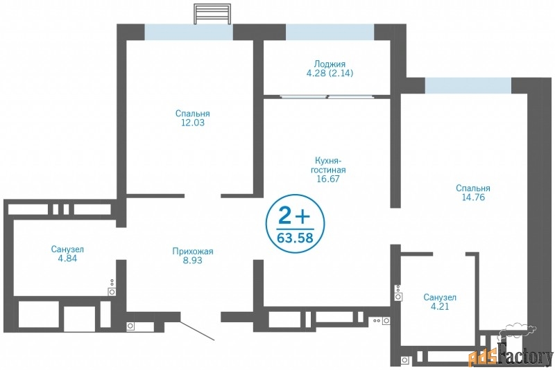 2 - комн. квартира, 63.58 м², 4/24 эт.