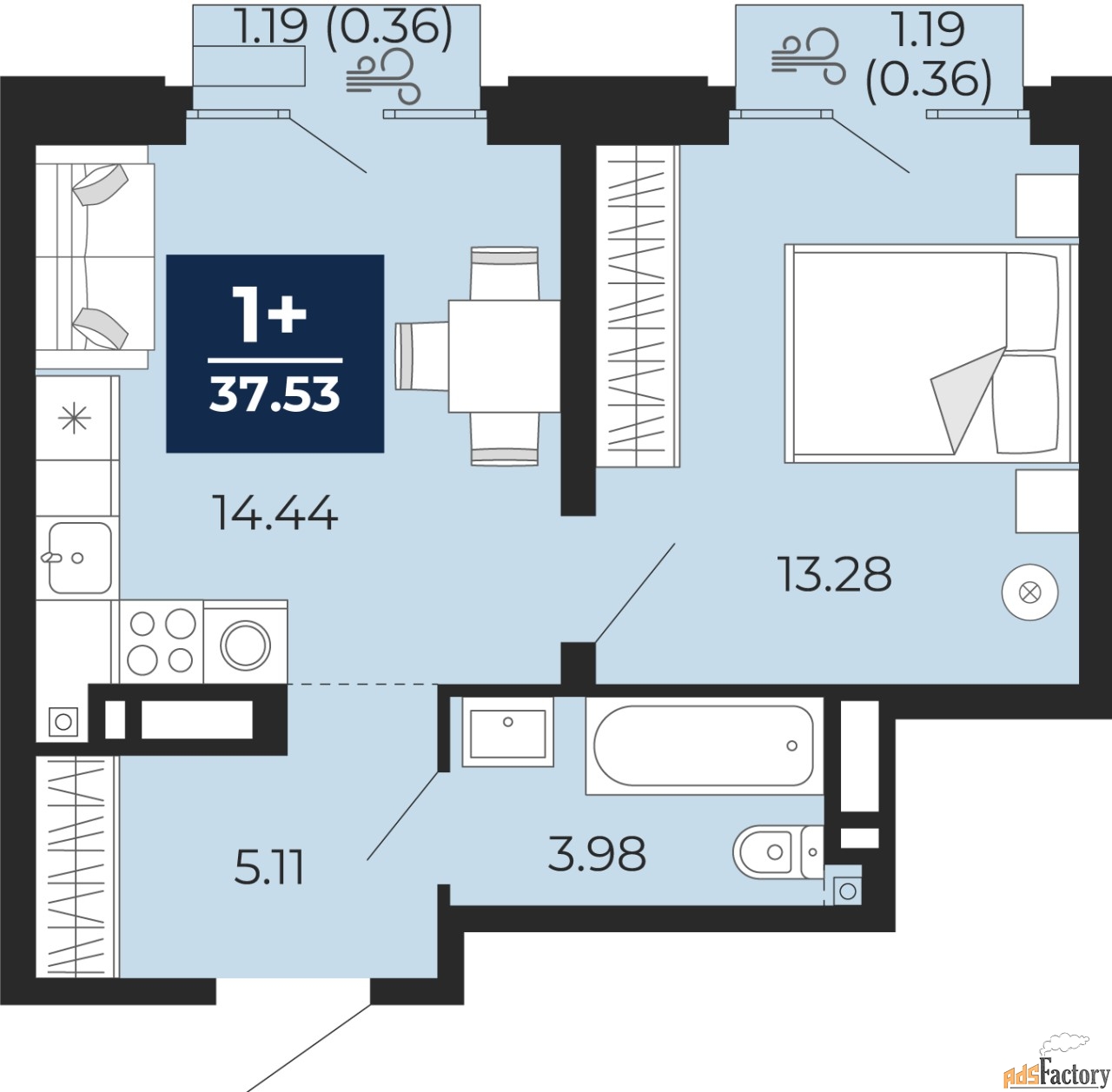 1 - комн. квартира, 37.53 м², 5/9 эт.
