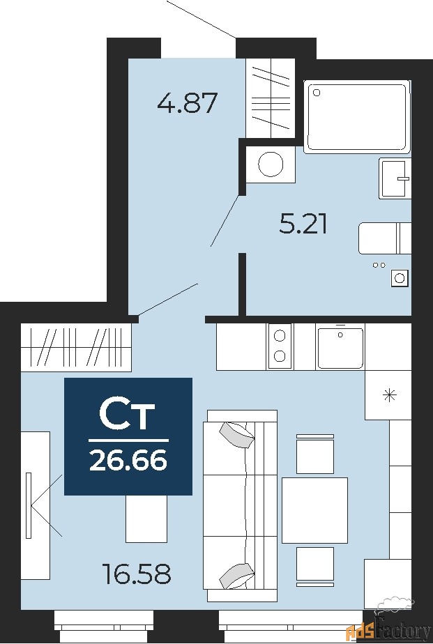 1 - комн.  квартира, 26.66 м², 2/24 эт.