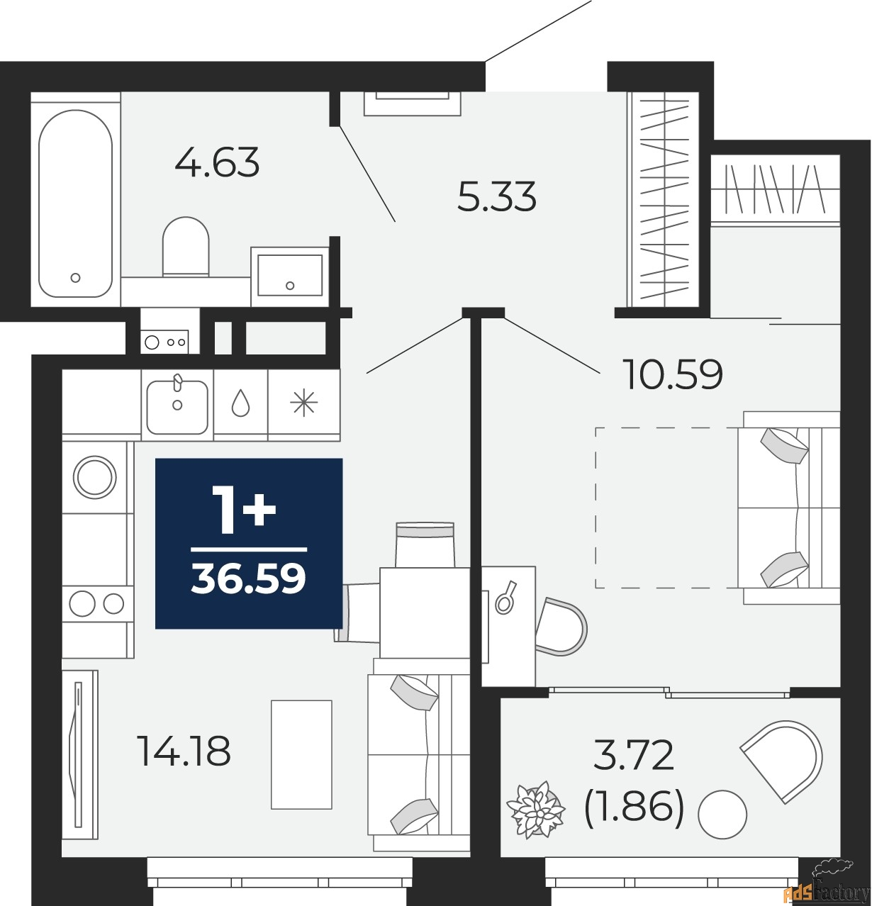 1 - комн.  квартира, 36.59 м², 4/17 эт.