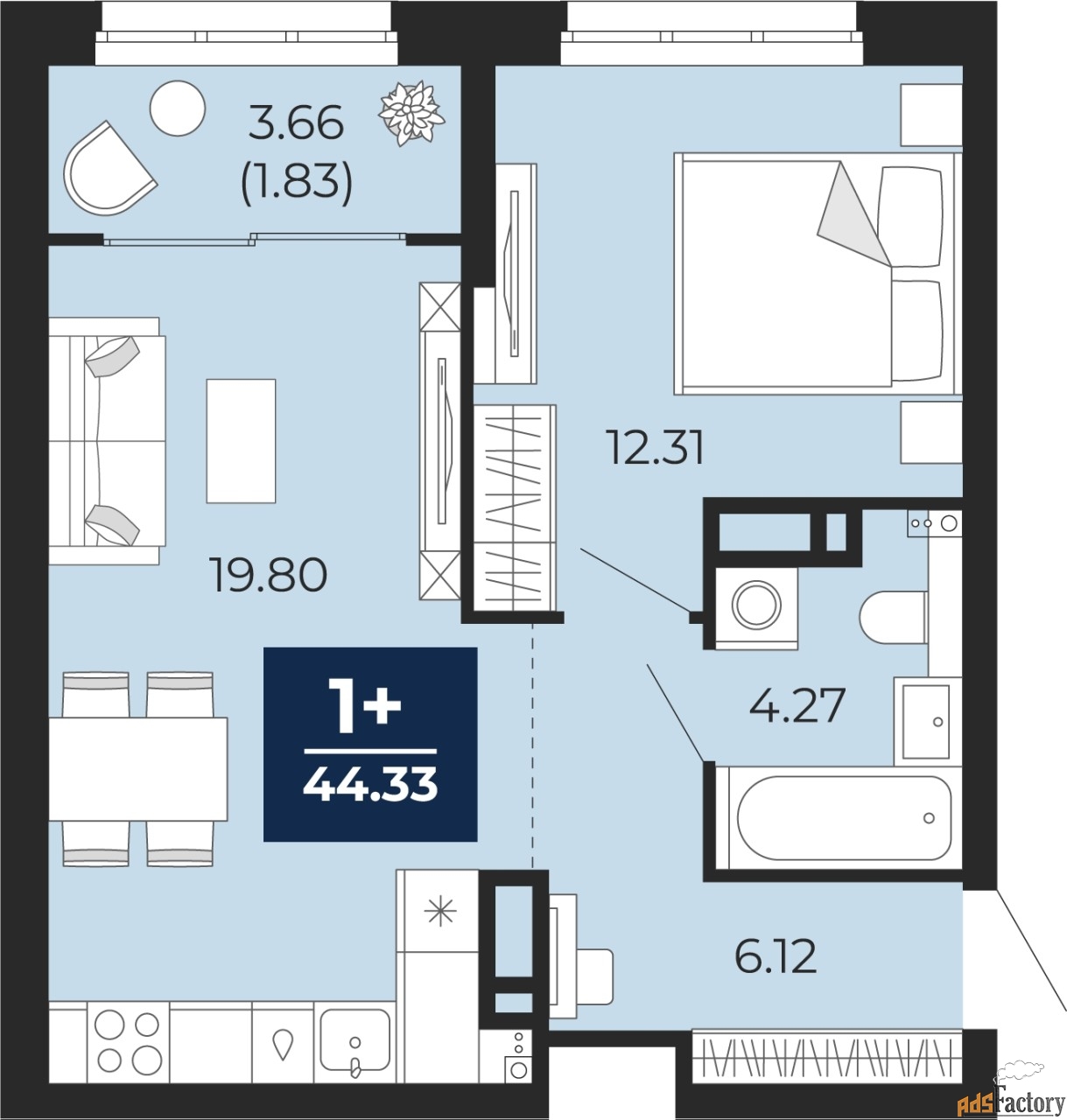 1 - комн.  квартира, 44.33 м², 16/16 эт.