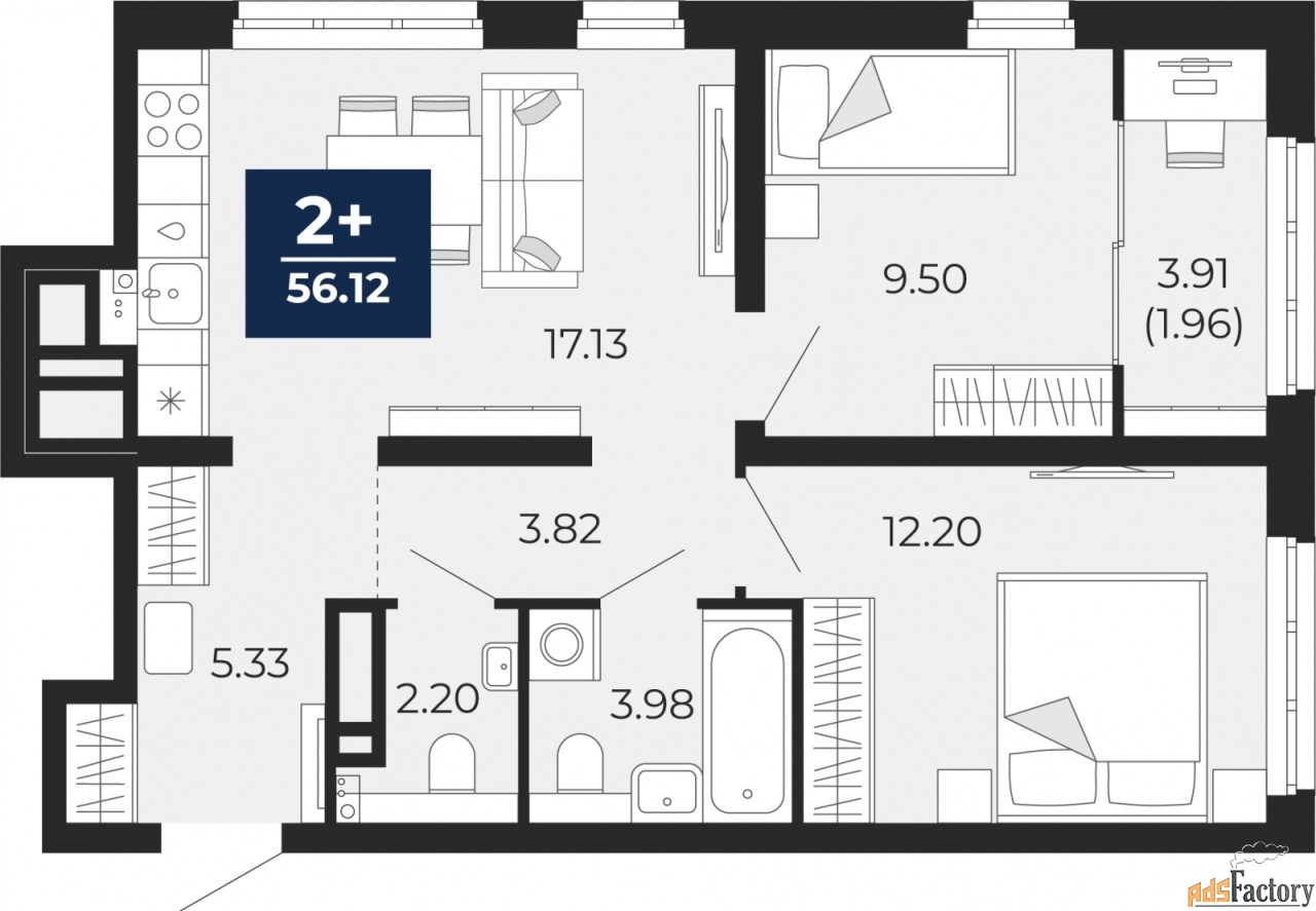 2 - комн.  квартира, 56.12 м², 22/22 эт.